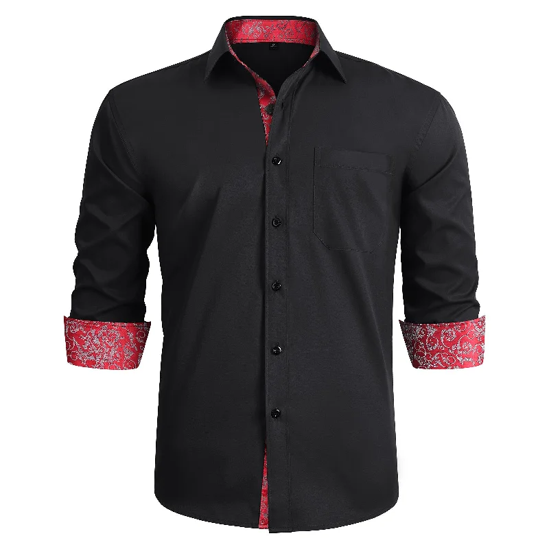 Men's Patchwork Dress Shirt with Pocket - BLACK/RED Cool Men's Distressed