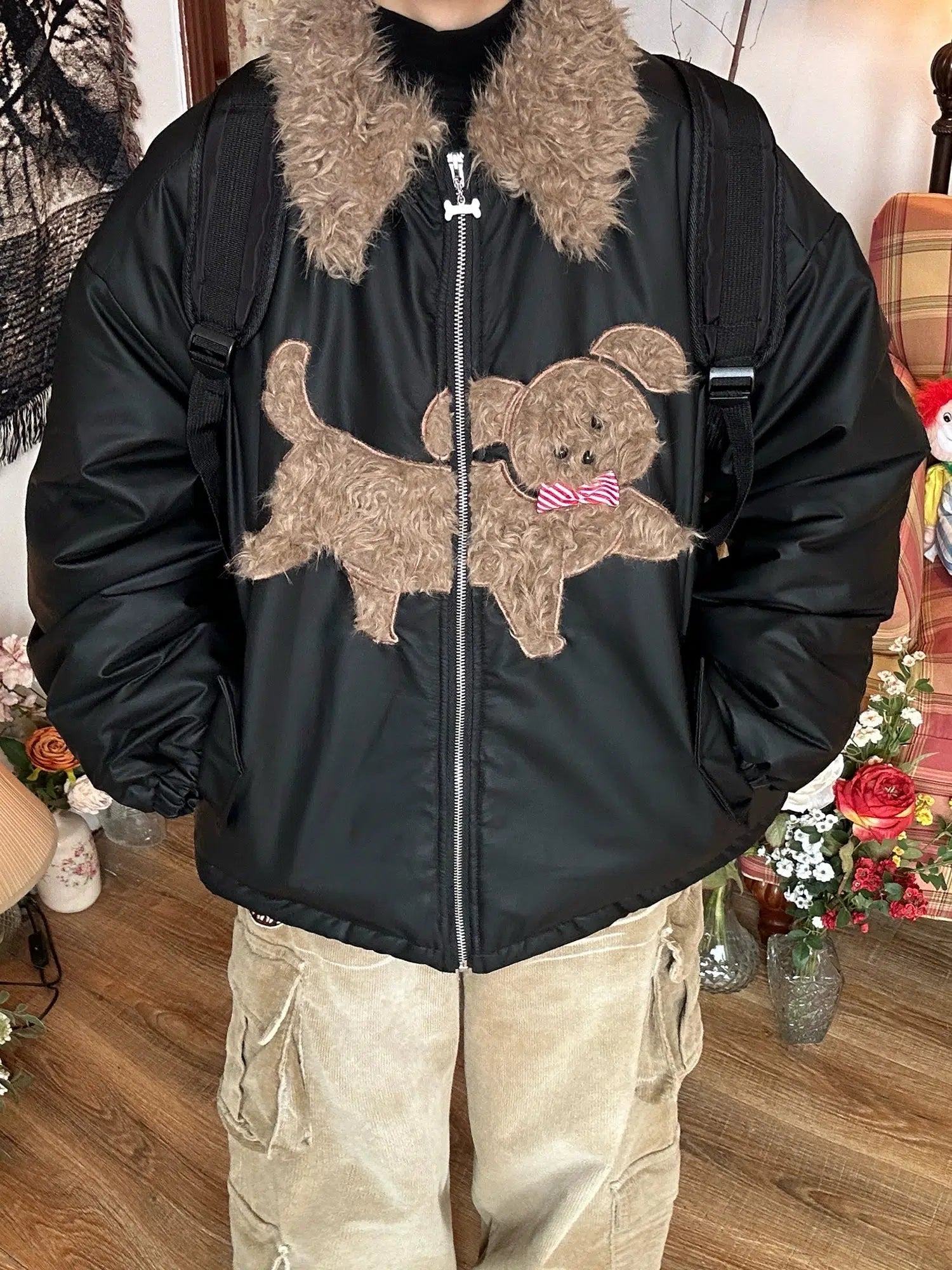 Ultra warm Applique Dog Design Puffy Coat Tough Men's Military