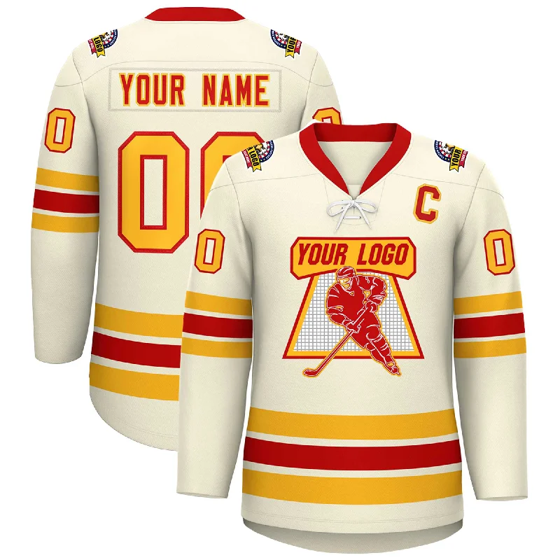 Custom Cream Red-Yellow Lace-Up Neck Hockey Jersey Bold Men's Statement