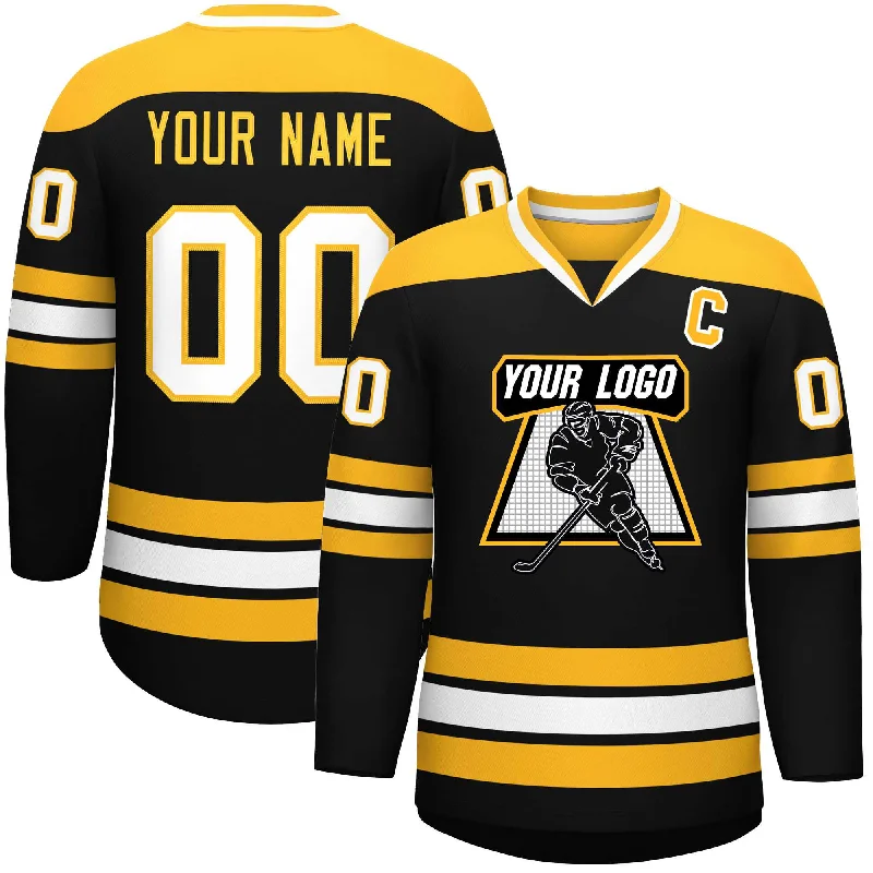 Custom Black Gold-White Personalized Classic V-Neck Hockey Jersey Relaxed Men's Australian 