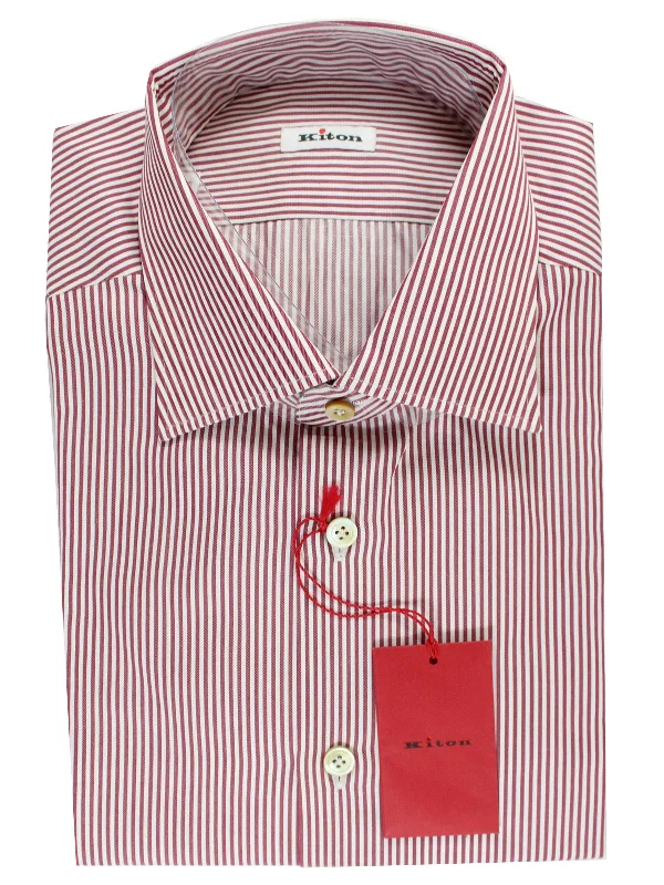 Kiton Dress Shirt White Maroon Stripes Design 43 - 17 Polished Men's Silk