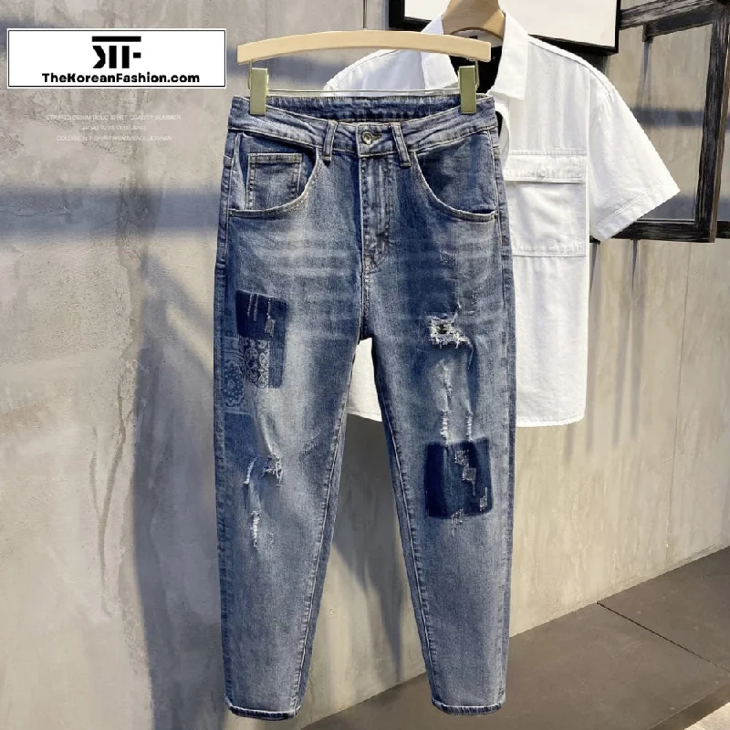 Scratched Ripped Jeans Preppy Men's College