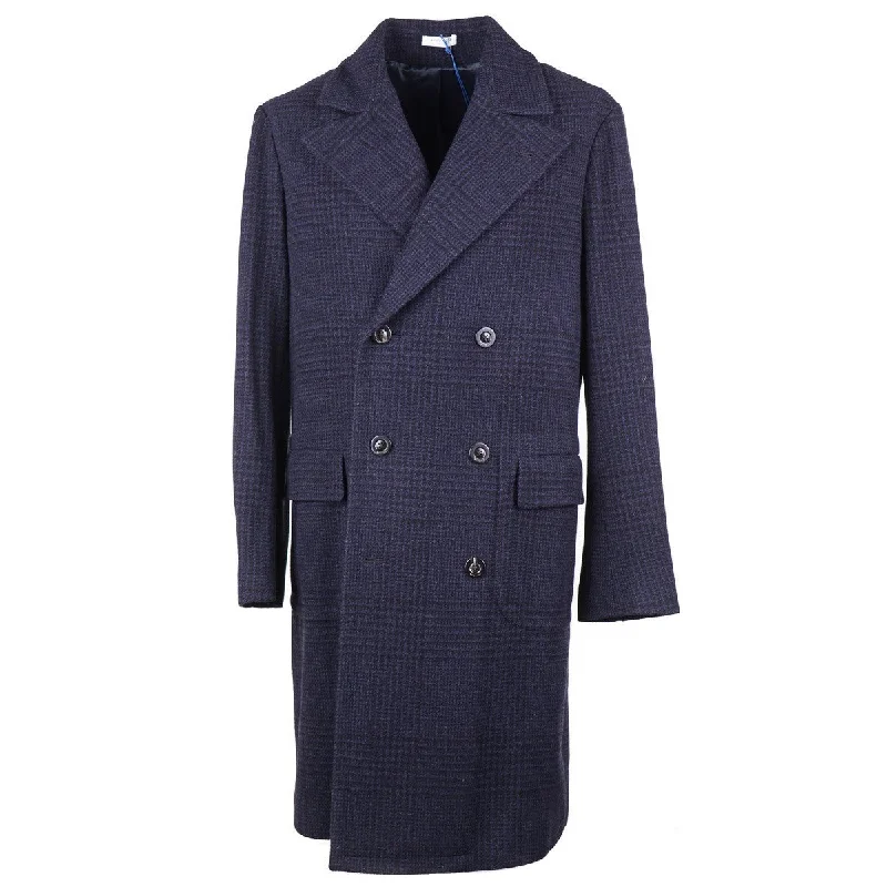 Odor resistant Boglioli Blue Check Wool-Cashmere Overcoat Polished Men's Satin