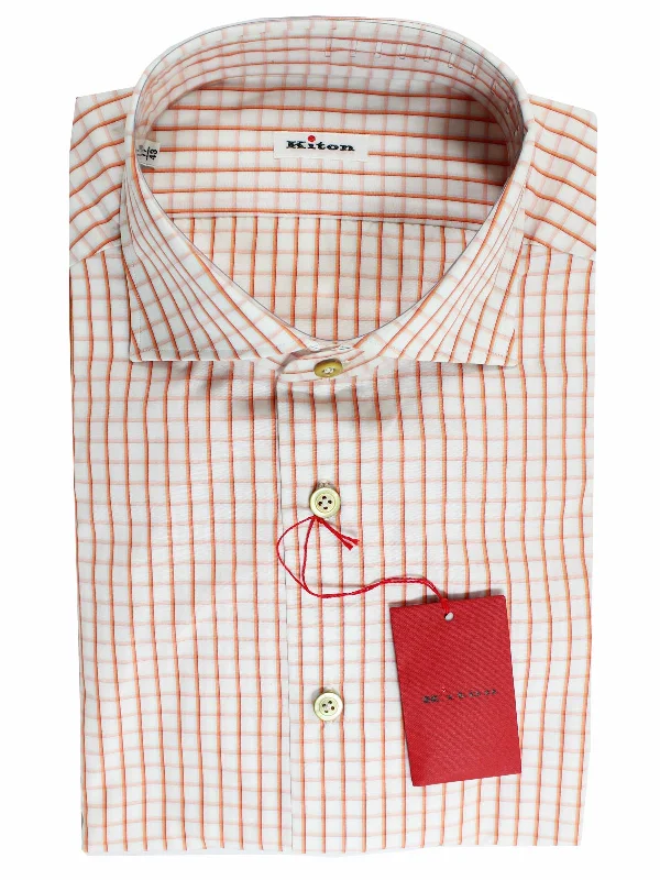 Kiton Dress Shirt White Orange Graph Check Spread Collar 40 - 15 3/4 REDUCED - SALE Earthy Men's Sustainable 