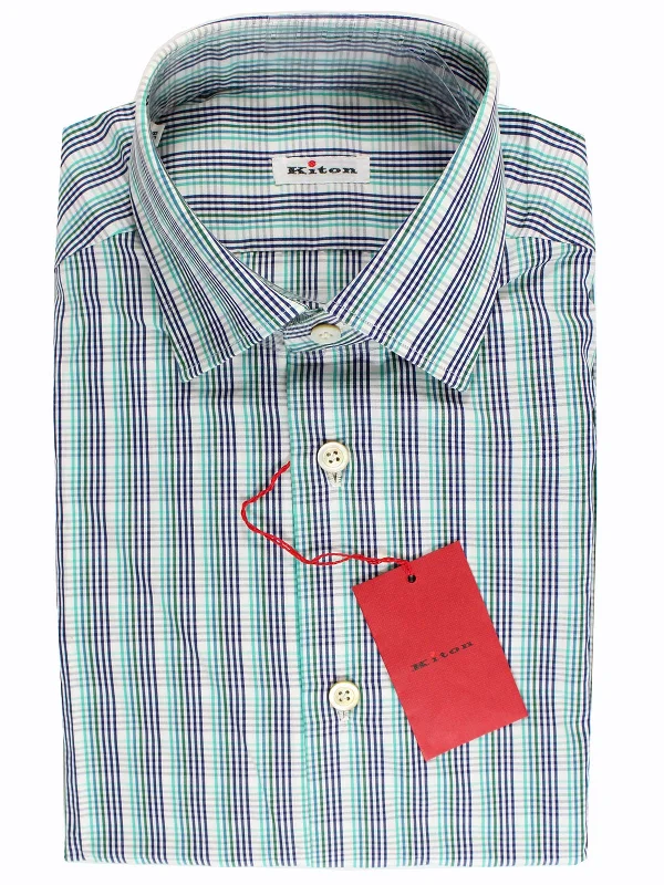 Kiton Short Sleeve Shirt White Turquoise Green Navy Check 38 - 15 BLACK FRIDAY SALE Dynamic Men's Glow