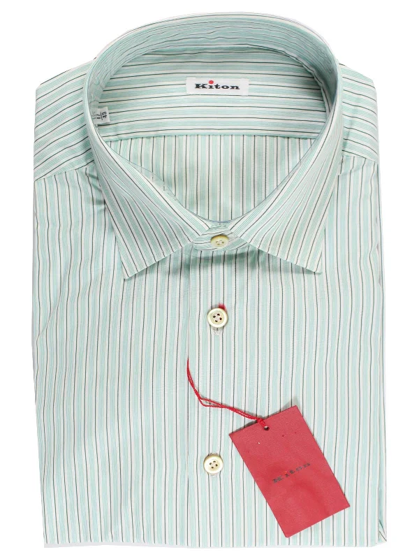 Kiton Dress Shirt White Green Aqua Stripes 38 - 15 REDUCED - SALE Vintage Men's 1970S Disco