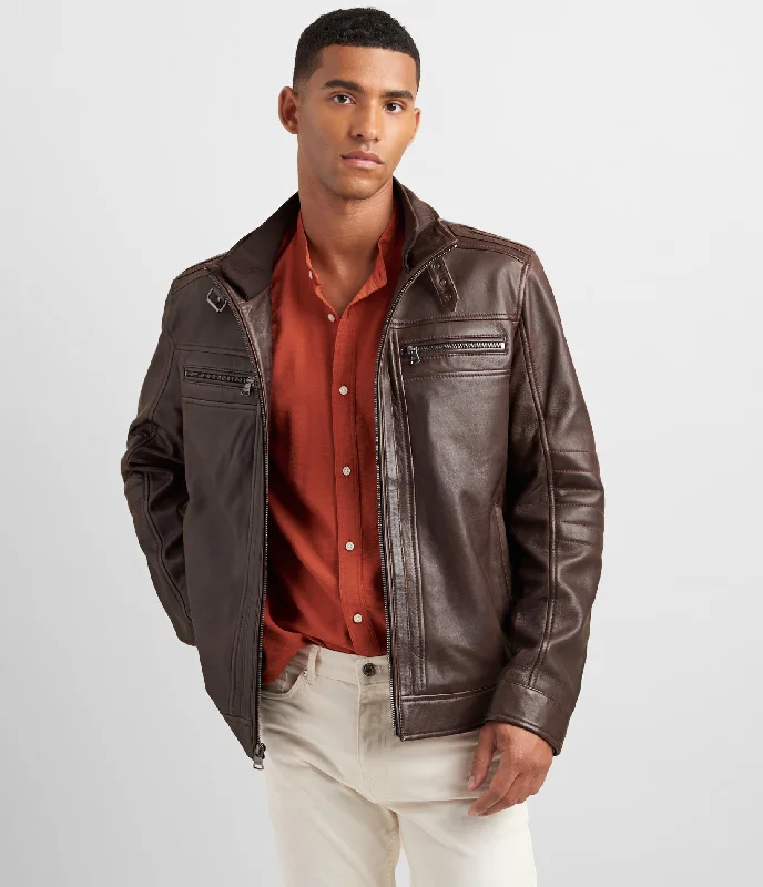 Graffiti Inspired Leather Racer Jacket With Rib Knit Trim Sophisticated Men's 