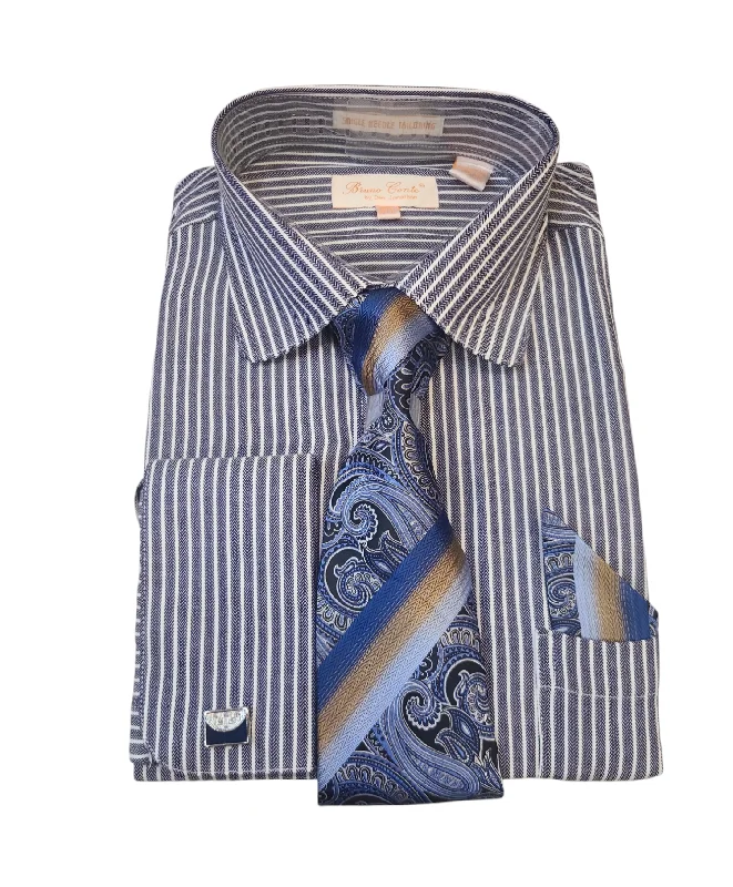 Bruno Conte French Cuff Dress Shirt With Tie Set Combo Luxurious Men's High