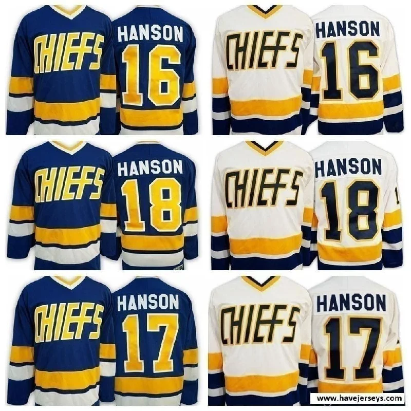 Hanson Brothers #16 #17 #18 Charlestown Chiefs "Slap Shot" Movie Hockey Jerseys! Modern Men's Tech