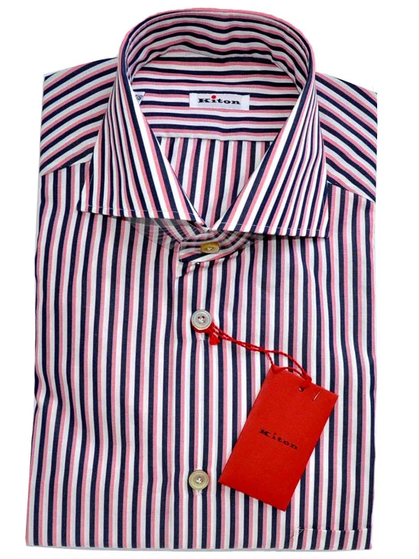 Kiton Shirt White Navy Pink Stripes 37 - 14 1/2 REDUCED - SALE Elegant Men's Cashmere