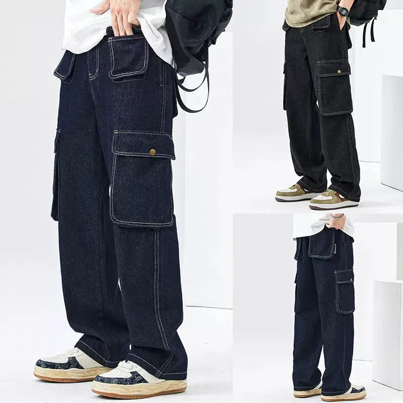 Elastic Waist Cargo Pocket Jeans Pants Refined Men's European