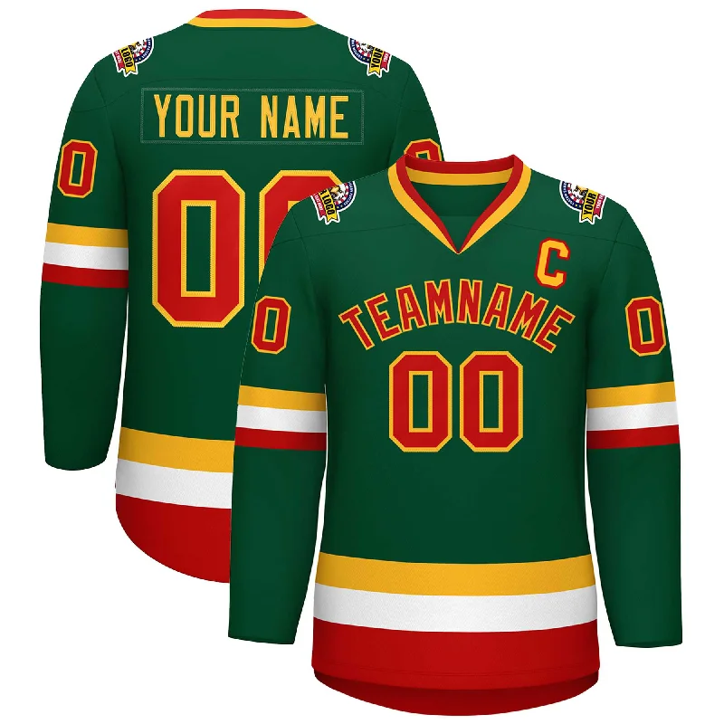 Custom Green Red-Gold Classic Style Hockey Jersey Laid