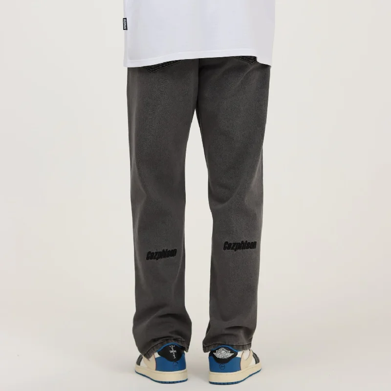 Embroidered Smoke Gray Jeans Sporty Men's Athleisure 