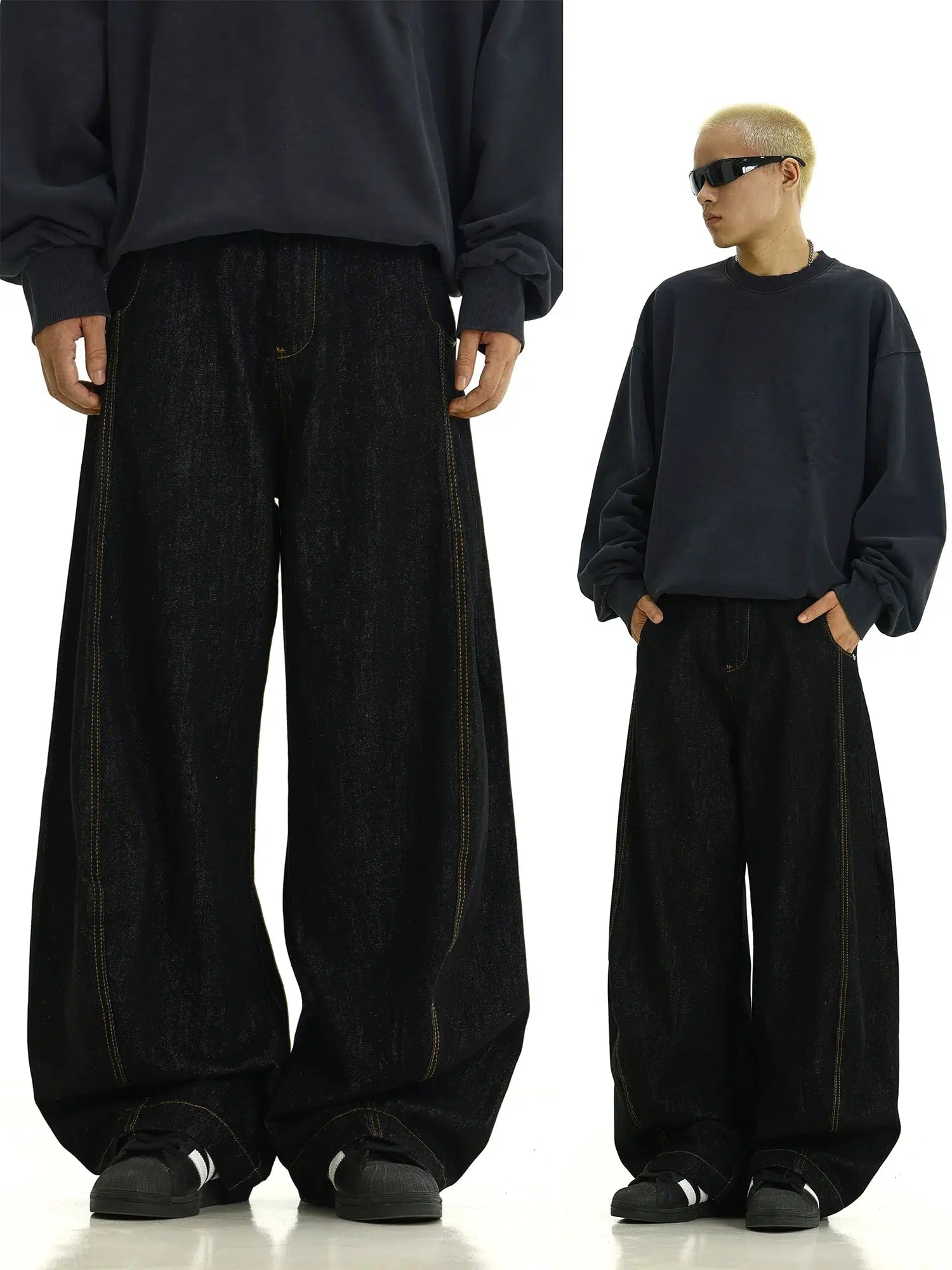 Black Baggy Wide-Leg Jeans Sharp Men's Italian