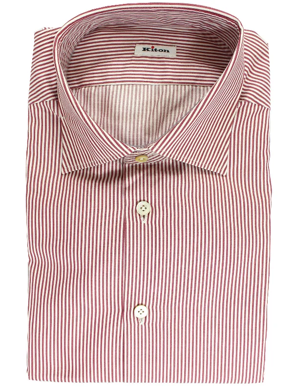 Kiton Dress Shirt White Maroon Stripes 43 - 17 Masculine Men's 