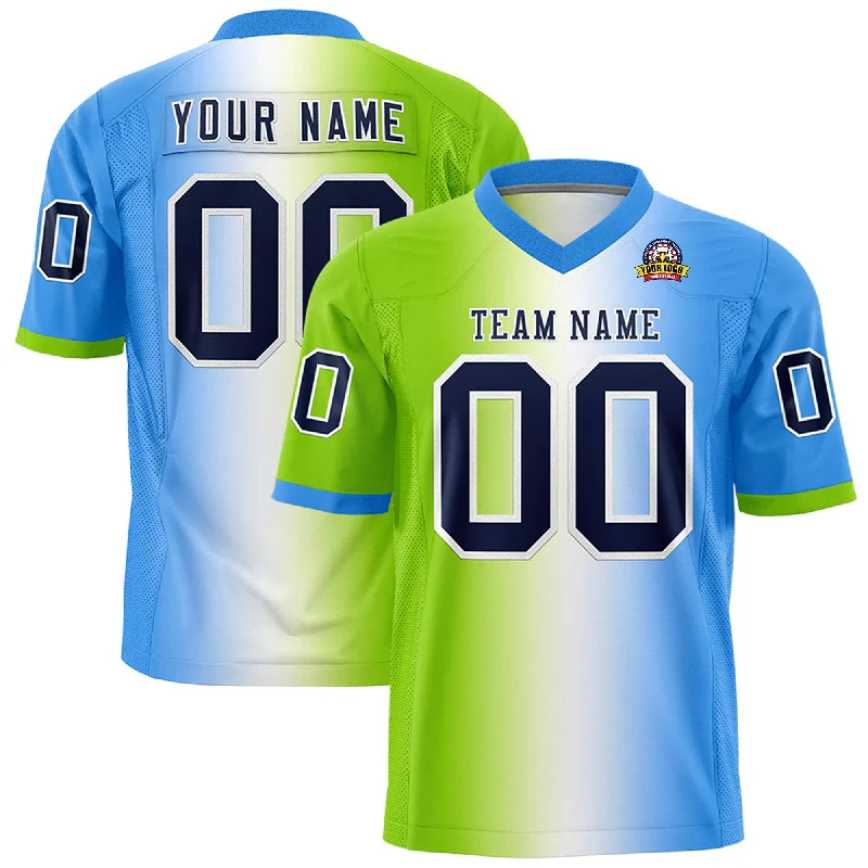 Custom Neon Green White-Powder Blue Personalized Gradient Fashion Authentic Football Jersey Casual Men's Short