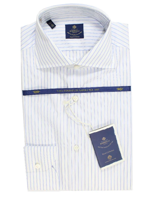 Luigi Borrelli Dress Shirt ROYAL COLLECTION White Blue Quadruple Stripes 38 -15 SALE Dapper Men's Bow