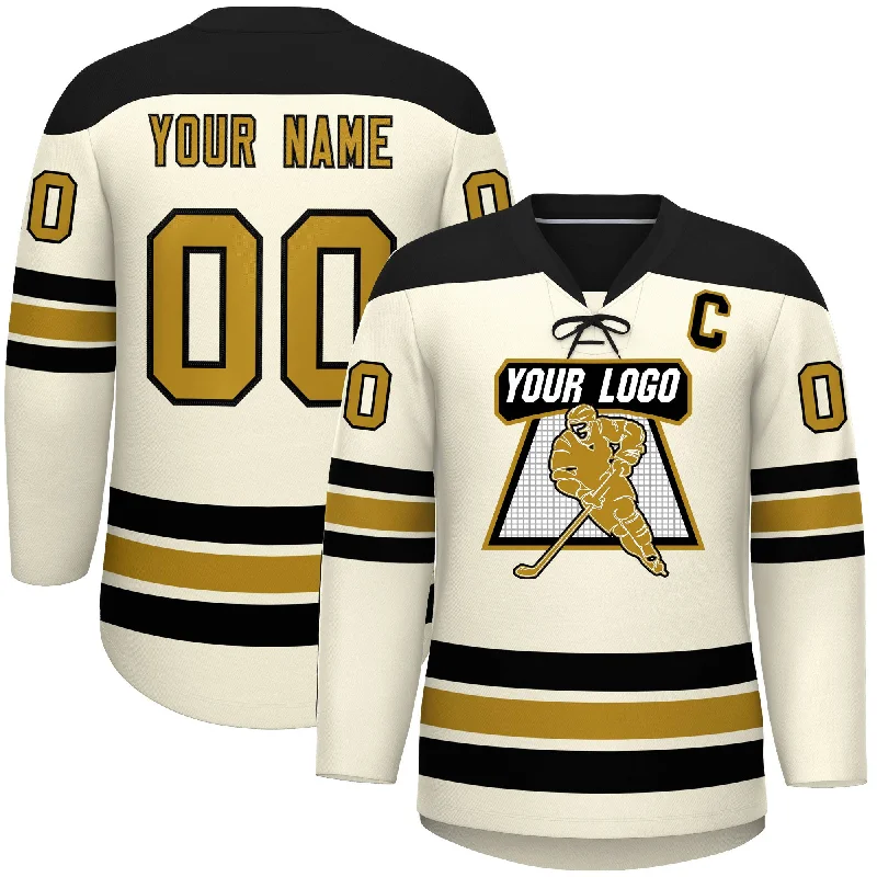 Custom Cream Black Old Gold Personalized Classic Lace-Up Neck Hockey Jersey Elegant Men's Cashmere