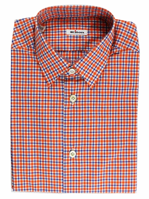 Kiton Short Sleeve Shirt White Orange Royal Blue Check 37 - 14 1/2 SALE Dynamic Men's Glow