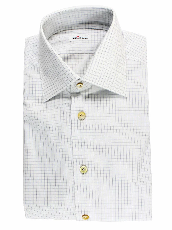 Kiton Dress Shirt White Navy Graph Check 39 - 15 1/2 SALE Monochromatic Office Style