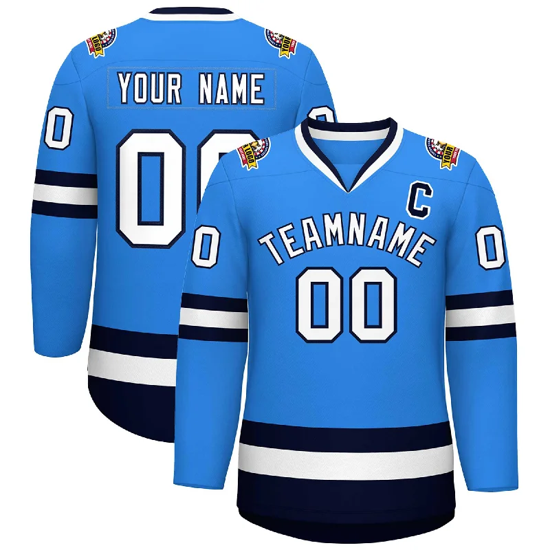 Custom Powder Blue White-Navy Classic Style Hockey Jersey Sleek Men's Metallic