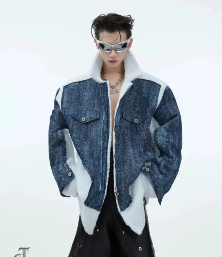 Anime themed Two-piece Denim Patchwork Jacket Elegant Men's Cashmere