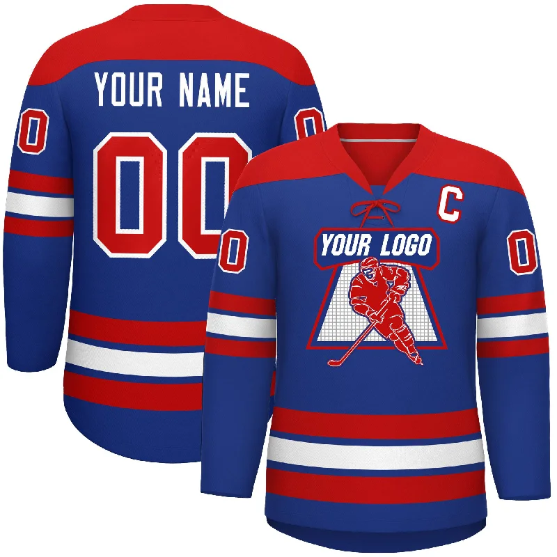 Custom Royal Red White Personalized Classic Lace-Up Neck Hockey Jersey Sporty Men's Tennis