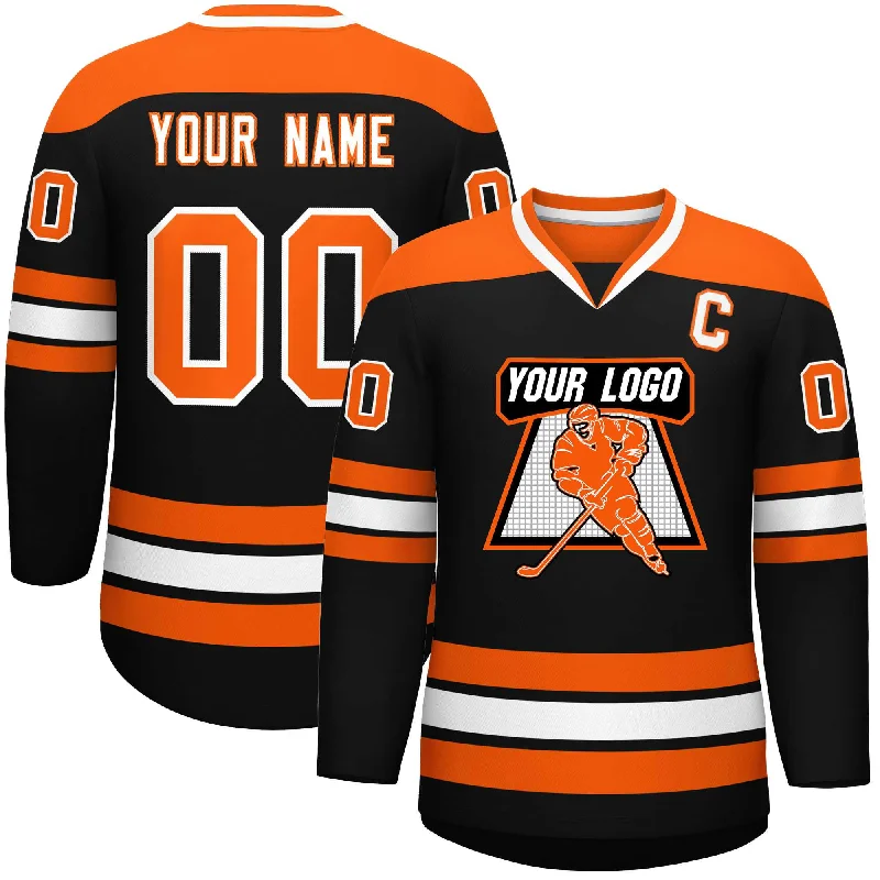 Custom Black Orange-White Personalized Classic V-Neck Hockey Jersey Dynamic Men's Glow