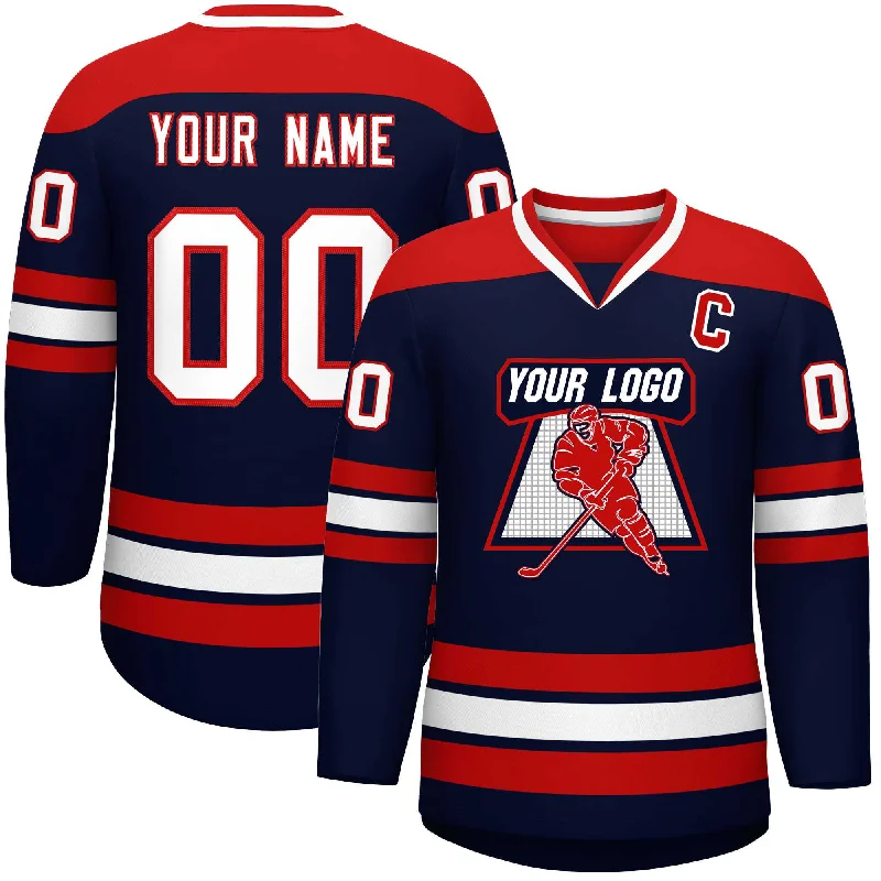 Custom Navy Red-White Personalized Classic V-Neck Hockey Jersey Traditional Men's Country