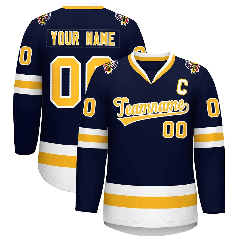 Custom Navy Gold-White Classic Style Hockey Jersey Polished Men's Silk