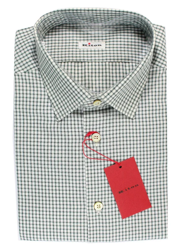 Kiton Dress Shirt White Green Check 36 - 14 SALE Street