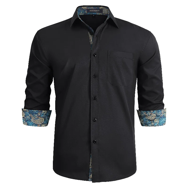 Men's Patchwork Dress Shirt with Pocket - BLACK/AUQA Refined Men's European