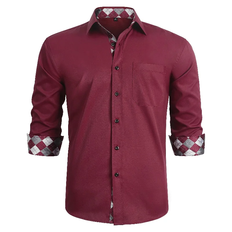 Men's Patchwork Dress Shirt with Pocket - BURGUNDY/WHITE Sporty Men's Tennis