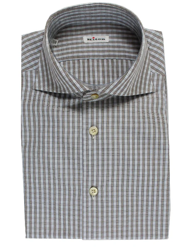 Kiton Dress Shirt White Brown Blue Check Spread Collar 40 - 15 3/4 SALE Casual Men's Loose