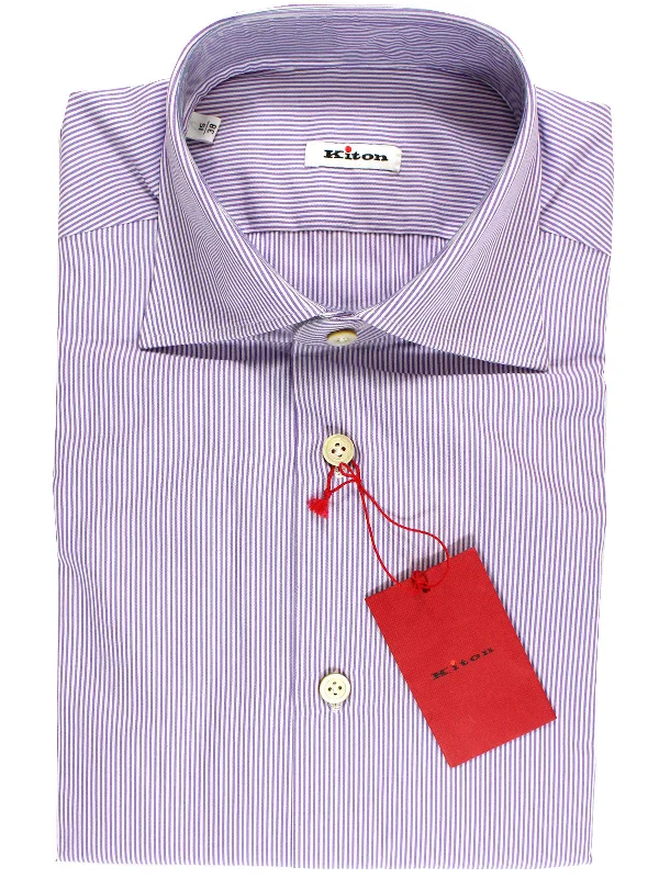 Kiton Dress Shirt White Lilac Stripes 38 - 15 SALE Monochromatic Office Style