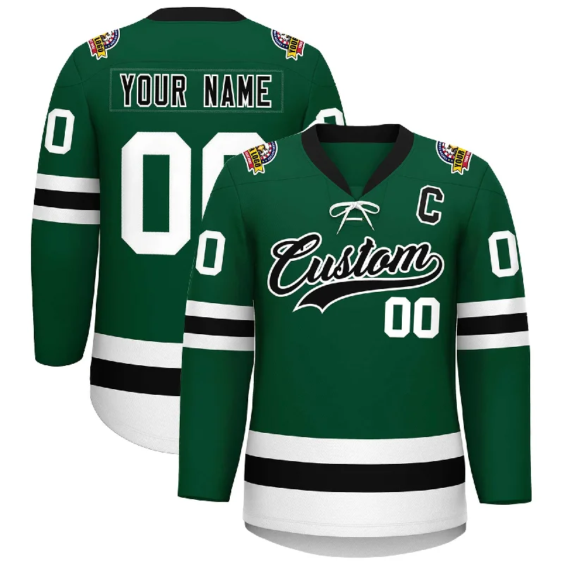 Custom Green Black-White Lace-Up Neck Hockey Jersey Youthful Men's Pop