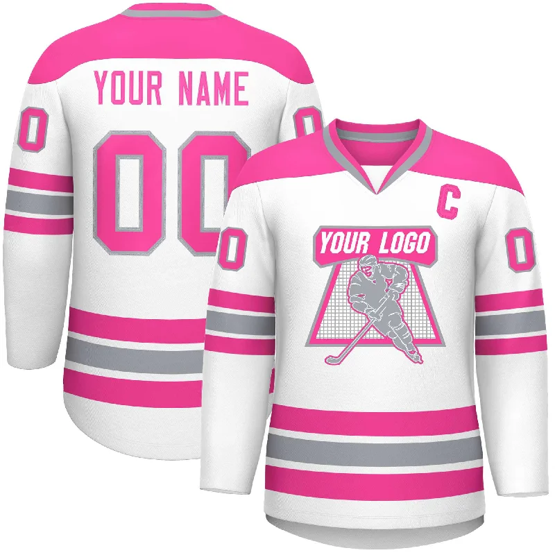 Custom White Pink-Gray Personalized Classic V-Neck Hockey Jersey Dynamic Men's Moto