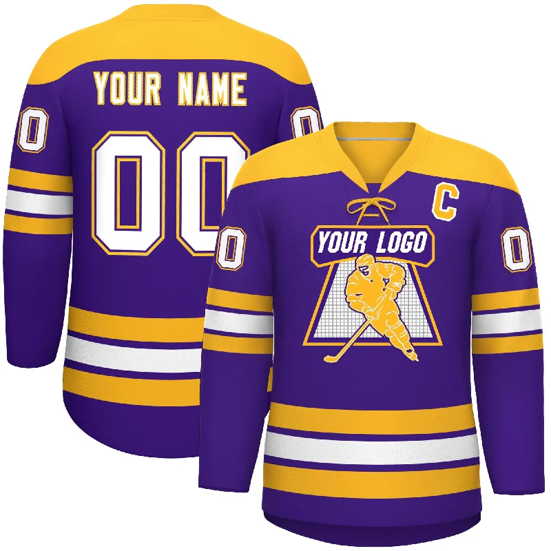 Custom Purple Gold White Personalized Classic Lace-Up Neck Hockey Jersey Athletic Men's High