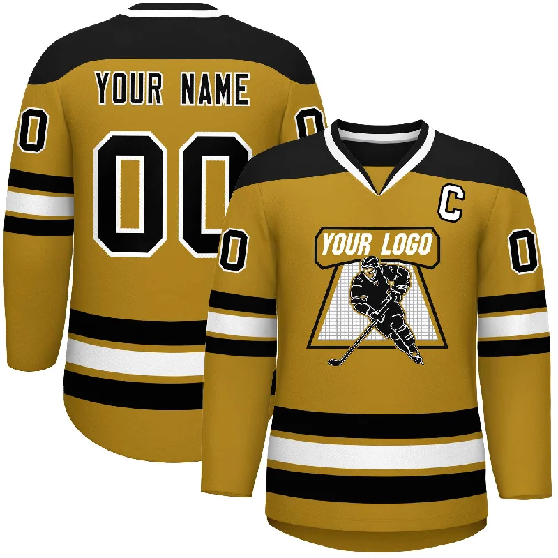 Custom Old Gold Black-White Personalized Classic V-Neck Hockey Jersey Refined Men's European