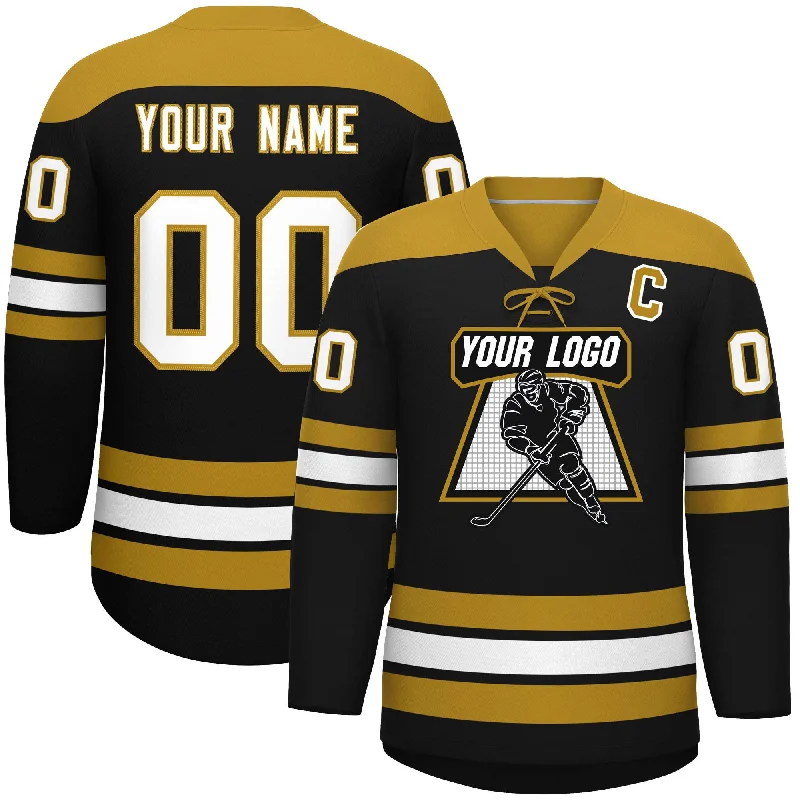 Custom Black Old Gold White Personalized Classic Lace-Up Neck Hockey Jersey Unique Men's Upcycled