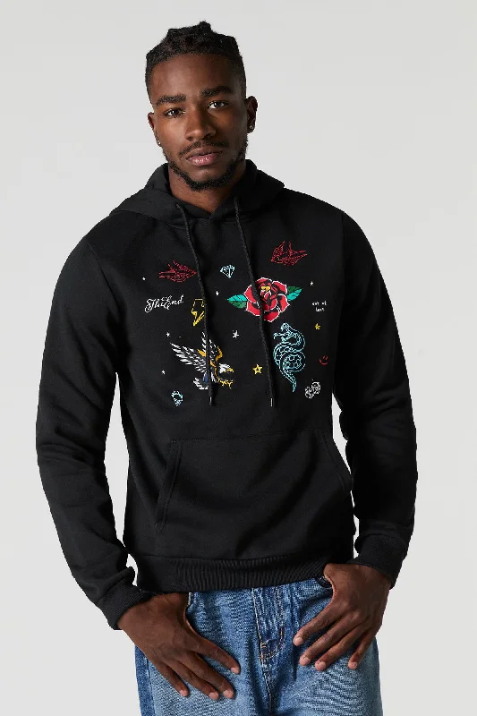 Anime Inspired Traditional Tattoo Embroidered Fleece Hoodie Tough Men's Tactical