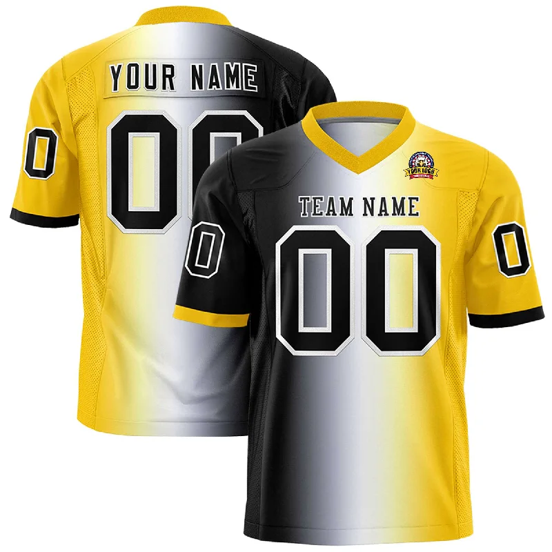 Custom Black White-Gold Personalized Gradient Fashion Authentic Football Jersey Practical Men's Multi