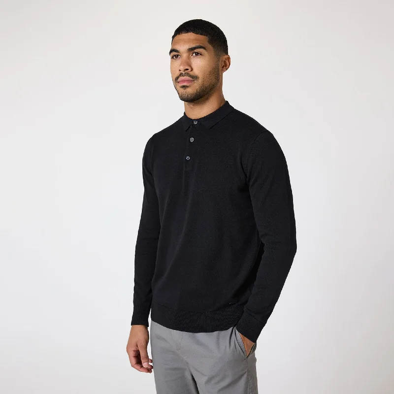 Soft to Touch Long Sleeve Knitted Polo | Black Laid