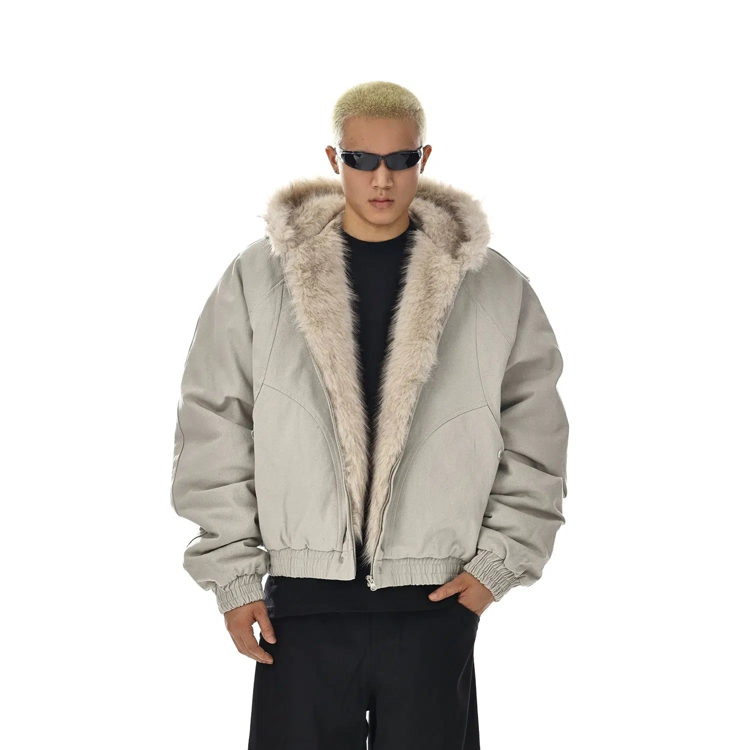 Virtual Idol Theme Insulated Jacket with Faux Fur Hood Trim Cool Men's Distressed