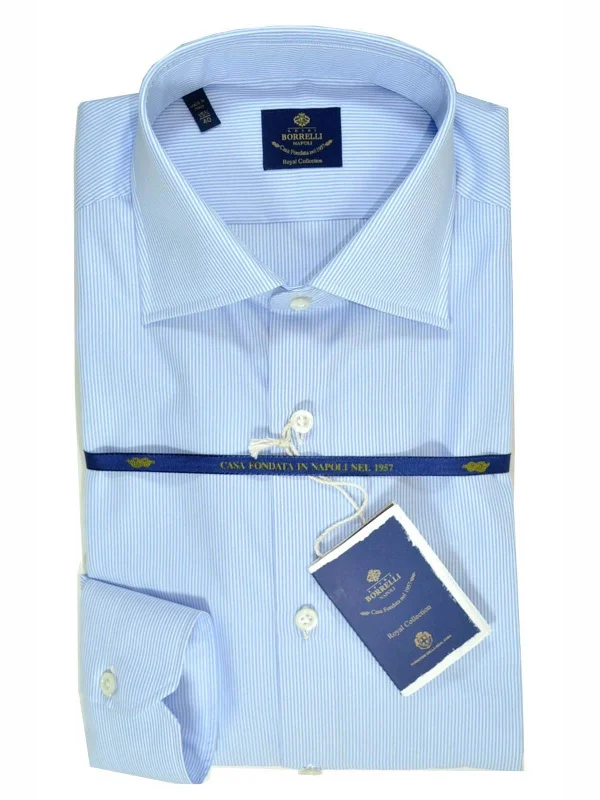 Luigi Borrelli Dress Shirt ROYAL COLLECTION White Blue Stripes 40 - 15 3/4 Stylish Men's Tropical 