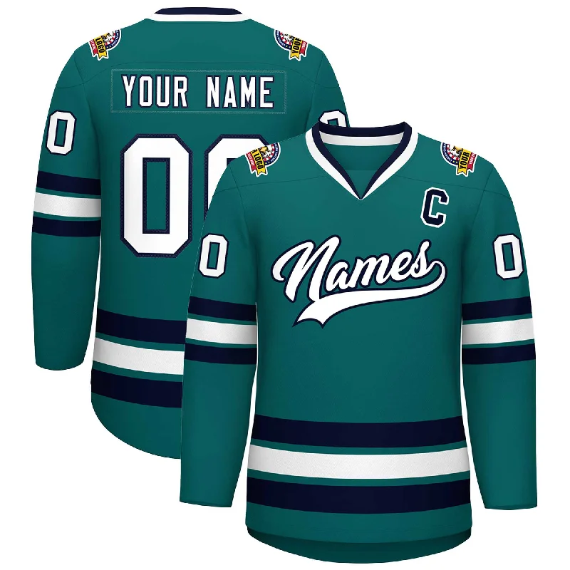 Custom Teal White-Navy Classic Style Hockey Jersey Business