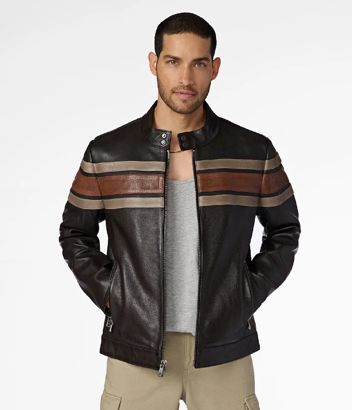 Cloud Soft Dale Retro Striped Leather Jacket Unique Men's Patch