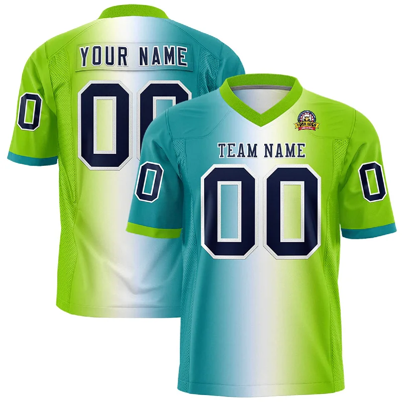 Custom Aqua White-Neon Green Personalized Gradient Fashion Authentic Football Jersey Vacation