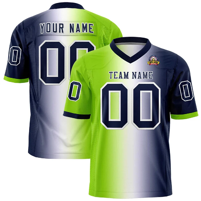 Custom Neon Green White-Navy Personalized Gradient Fashion Authentic Football Jersey Adventure