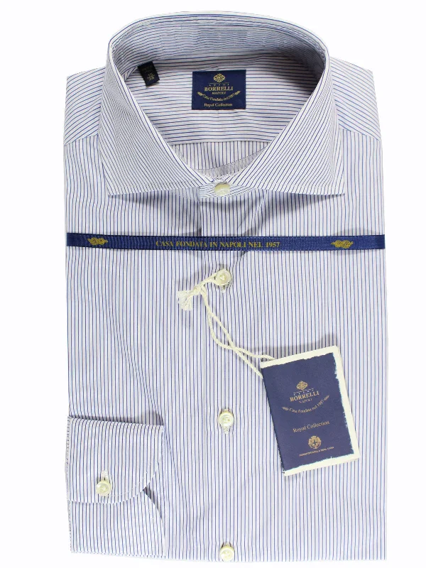 Luigi Borrelli Dress Shirt White Navy Stripes - Royal Collection 38 - 15 Refined Men's Velvet